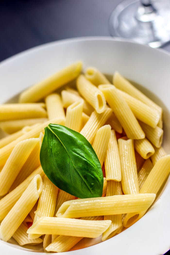 Close-up of savory penne pasta with a fresh basil garnish in a white bowl.